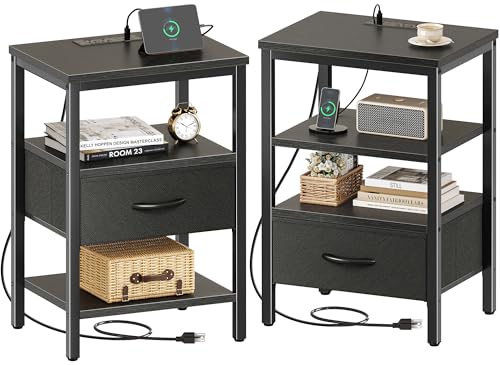 SUPERJARE Nightstand Set of 2, Bed Side Tables with Charging Station, Adjustable Fabric Drawer, Night Stand for Bedroom, 3-Tier Storage End Tables, Black - color: Black, size: M-2 (11.8"D x 15.7"W x 23.4"H)