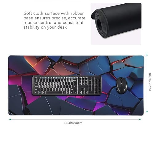 Large Gaming Mouse Pad with 3D Geometric Design, Non-Slip Rubber Base, Blue Purple Red, 35.4 x 15.7 Inches, Rectangular Desk Mat - color: 3D Geometric