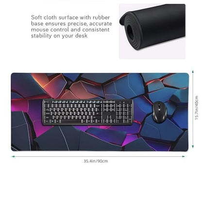 Large Gaming Mouse Pad with 3D Geometric Design, Non-Slip Rubber Base, Blue Purple Red, 35.4 x 15.7 Inches, Rectangular Desk Mat - color: 3D Geometric