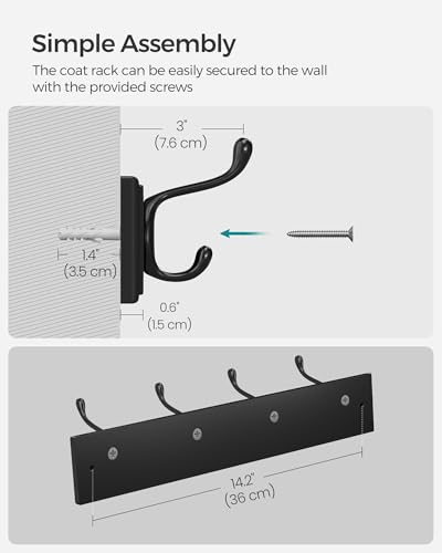 SONGMICS Wall-Mounted Coat Rack, Hook Rack, 4 Dual Metal Hooks, for Coats, Bags, Keys, in The Entryway, Bedroom, Living Room, Black ULHR023B01 - color: Black, size: 1 Pack-4 Hooks