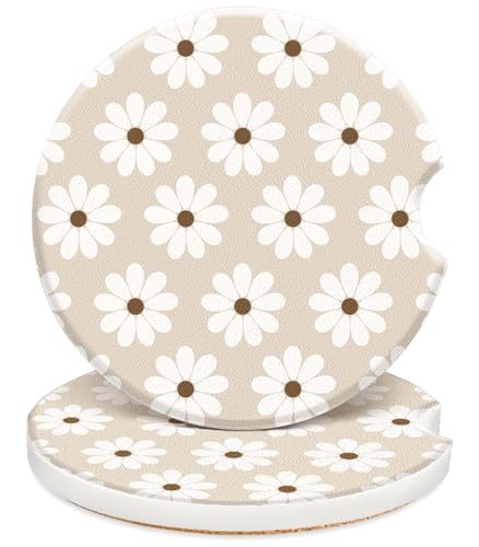 Swooflia Car Coasters for Women - White Flower Ceramic Car Cupholder Coaster Absorbent Mat Coaster with Cork Base 2 Pack 2.55 inch Automotive Cup Holder Accessories New Driver Gifts for Decor - color: White Flower