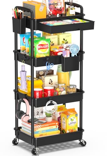 SUNALLY 4 Tier Rolling Utility Cart with Drawer, Storage Organizer Cart with 2 Lockable Wheels, Multifunctional Rolling Storage Cart for Bathroom, Kitchen, Craft, Makeup, Baby Essentials, Black - color: Black, size: 4 Tier