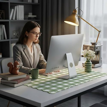 Copkim 1 Pcs Scalloped Green Gingham Desk Mat 31.5 x 11.8 Inch Large Cute Mouse Pad Computer Mat Non Slip Waterproof Rubber Base with Border Stitching Soft Keyboard Pad for Home Office Gaming Makeup - color: Green, style: Gingham