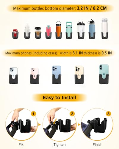 Universal Stroller Cup Holder with Mobile Phone Case, 2-in-1 Strollers Storage Rack, 360 Degrees Rotation Drink Holder for Bike, Pushchair, Wheelchair, Walker,Bicycle, Fits Most Cups - color: BLACK