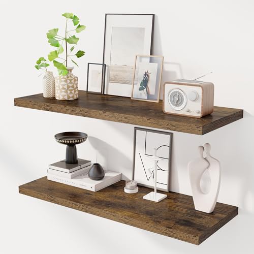 Dreamland 36" Floating Shelves for Wall, 12" Deep Slim Rustic Brown Floating Shelves, Wall-Mounted Shelves for Bedroom, Living Room, Kitchen, Bathroom - Set of 2 - color: Rustic Brown, size: 36"W x 12"D x 1.3"H, Set of 2