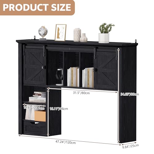 Large Desktop Bookshelf with Sliding Barn Door, 47.2''W Desk Shelf Display Rack, Desktop Organizer Storage Rack with 7 Cubbies and Drawer, Home, Desk Shelf for Office, Dorm, Vanity, Black - color: Black, size: 47.2"W