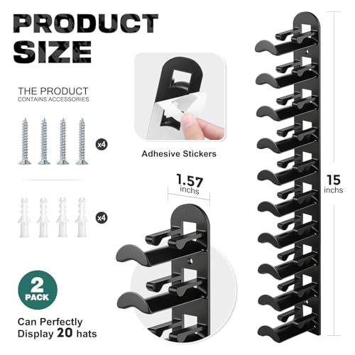 Hat Hook for Wall, 2 Pack Hat Organizer Hold up to 20 Hats,Hat Holder with Strong Adhesive and 8 Pack Screws, Cap Holder Hat Hangers for Wall Closet Door and Bedroom(B-Black) - color: B-Black