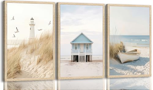 Set of 3 Coastal Beach Wall Art, Lighthouse Beach House Boat Seagrass Canvas Poster Prints, Minimalist Nautical Wall Decor for Bathroom Bedroom Living Room Unframed - color: Coast Watch, size: 16"L x 12"W