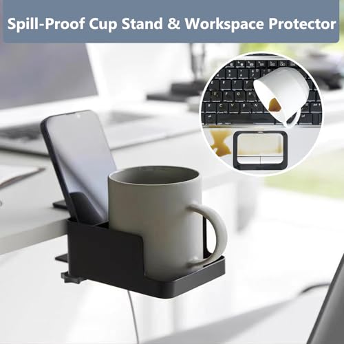 2-in-1 Clamp-On Cup Holder for Desk,Durable Metal Dual Storage for Phone & Mugs & Tea Bags & Pens，Space-Saving Gaming Desk Accessories,Table Top Organizer