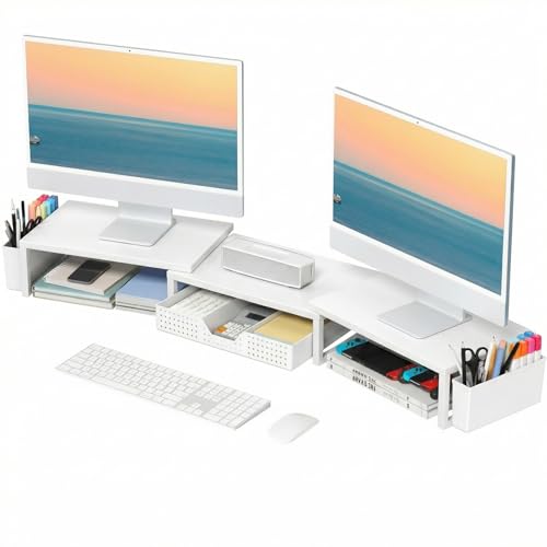 OPNICE Desk Organizers and Accessories, Dual Monitor Stand Riser with Drawer and 2 Pen Holders, Desk Shelf Metal Computer Racks for Office Workspace Organizers, Desktop Organization (White Metal) - color: White Metal