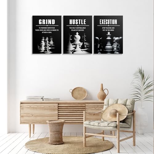 ZHIYANGY Motivational Wall Decor Grind Hustle Execution Wall Art, Inspirational Quotes Pictures Motivational Chess Posters for Living Room Bedroom, Office Decor, Gallery-Wrapped Canvas Art - color: 3P-Chess, size: 12 x 16 inch x 3pcs