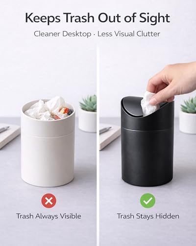 Small Mini Trash Can with Lid, Matte Black Tabletop Garbage Can, Tiny Countertop Trash Can for Coffee Bar & Office Desk, Premium Metal Swing Top Waste Bin for Makeup Vanity, 1.5 L/0.40 Gal (Black) - color: Black