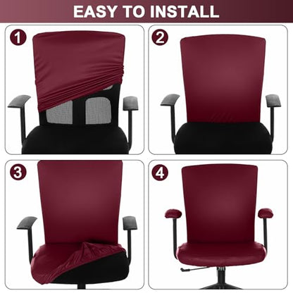 Tallew 4 Pcs Office Chair Covers PU Leather Office Desk Accessories Universal Computer Chairs Cover Stretchable Protective Chair Seat Covers Desk Armrest Cover Slipcovers Rotating Backrest(Burgundy) - color: Burgundy