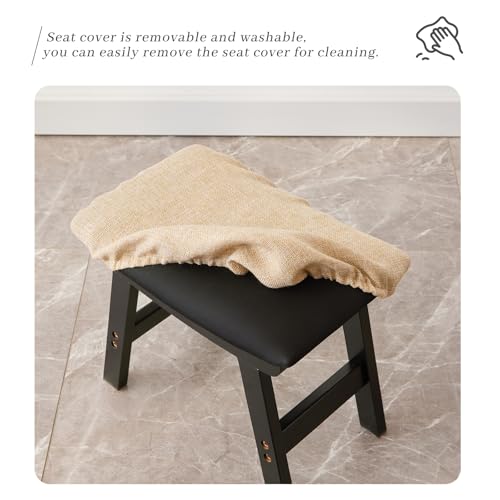 Kitsanery Foot Stool,Ottoman,Bamboo Small Sofa Foot Rest Under Desk,Extra Seating for Living Room, Bedroom and Kitchen (Black Stool Legs - Beige Surface) - color: Black Stool Legs - Beige Surface