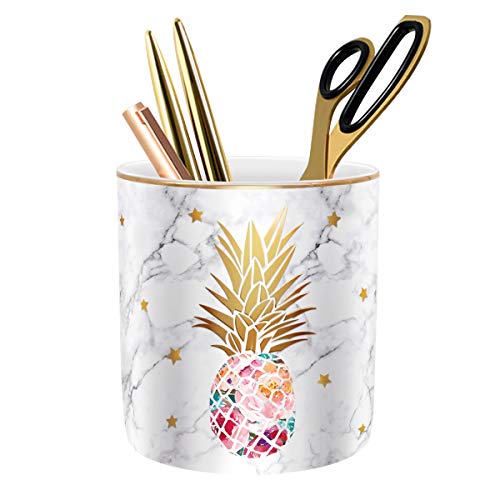 Cute Pen Holder for Desk, Ceramic Pencil Organizer, Makeup Brush Holder, Office Decor and Desk Accessories Durable Ceramic, Pineapple Pattern - color: Pink Pineapple