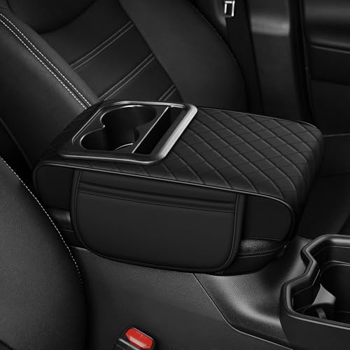 YORKNEIC Car Armrest Cover for Ford with 2 Cup Holders(Black) | Waterproof Thick Leather Middle Console Cover with 2 Storage Bags & Phone Slot Wear-Resistant Protector for Ford - color: 005#Black, size: Fit for Ford