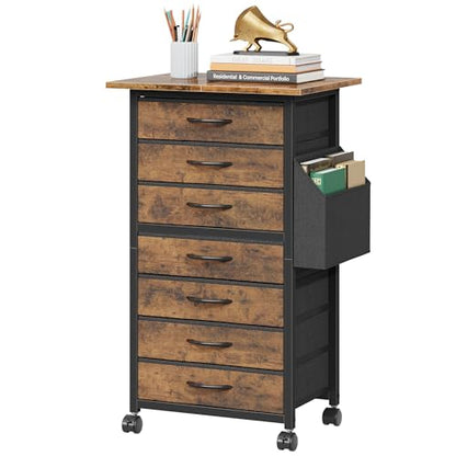 HIGDBFE 7 Fabric Drawers File Cabinet with Side Pocket, Rolling Printer Stand with Storage for Home Office, Wood Top Storage Cabinet for Documents and Crafts, Rustic Brown, 15" D - size: 15"D (7 Drawers)