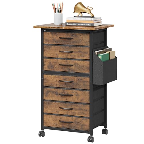 HIGDBFE 7 Fabric Drawers File Cabinet with Side Pocket, Rolling Printer Stand with Storage for Home Office, Wood Top Storage Cabinet for Documents and Crafts, Rustic Brown, 15" D - size: 15"D (7 Drawers)