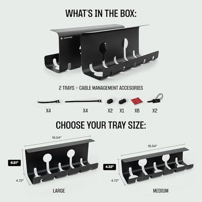 No-Drill Under Desk Cable Management Tray - 2-Pack Wire & Cord Organizer - Standing Desk Cable Management - Power Strip Holder - M - size: Medium