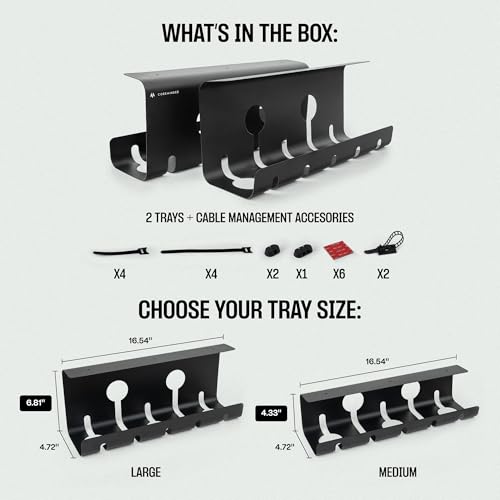 No-Drill Under Desk Cable Management Tray - 2-Pack Wire Organizer for Standing Desk - Cord Management System with Power Strip Holder - L - size: Large