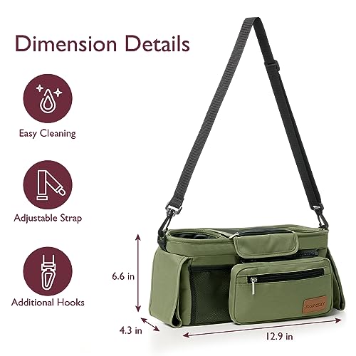 Momcozy Universal Baby Stroller Organizer, 2 Insulated Cup Holder, Detachable Zippered Pocket, Adjustable Shoulder Strap, Large capacity for baby essentials, Compact Design Fits Any Strollers - color: Green