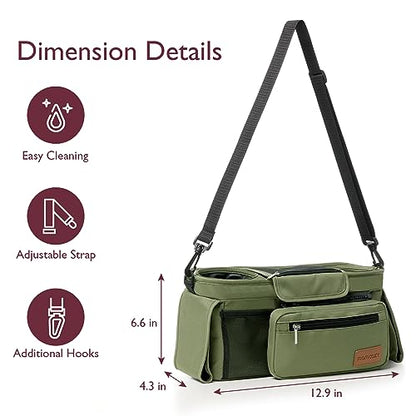 Momcozy Universal Baby Stroller Organizer, 2 Insulated Cup Holder, Detachable Zippered Pocket, Adjustable Shoulder Strap, Large capacity for baby essentials, Compact Design Fits Any Strollers - color: Green