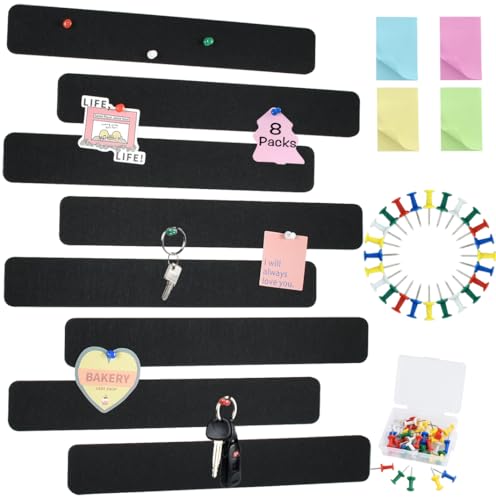 Vuzvuv 8 pcs Bulletin Board Bar Strips with 50 Pushpins & 10 Wooden Clip pins，Self Adhesive Cork Board for Wall，Felt Pin Board for School，Office Decor(Black) - color: Black