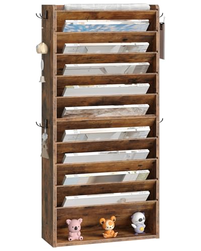 CHOEZON Wall File Organizer, 10-Tier Hanging Mail Organizer, Wall Mount File Holder with 4 Side Hooks, Mail and Storage Organizer, Wooden Vertical Hanging Holder for Office, Rustic Brown MWJ03FG - color: Rustic Brown, size: 10-Tier