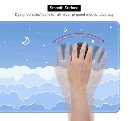 Cute Pastel Blue Desk Mat, Minimalist Large Gaming Mouse Pad Mousepad for Laplop, Kawaii Anime Desk Pad, Gradient White Clouds Computer Pads, Aesthetic Stars Moon Deskpad, 31.5 X 11.8 Inch - color: Gradient Clouds