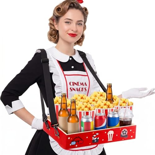Movie Night Trays with Strap 15 x 10 x 3 Inch Wooden Snack Tray Party Wearable Serving Trays Usherette Popcorn Drink Beverage Carrier for Theater Family Room Film Carnival Prop Supplies(Party Style) - style: Party Style