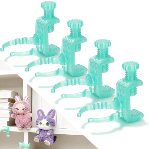 Doll Stand for Cabinet Edge Teal 4Pack | Neck grip design fits 3-7" Labubu blind box figures, adjustable clamp suits panels 0.3-1.02" thick - color: TEAL