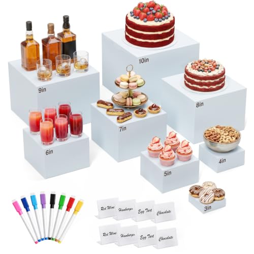 8 Pcs White Acrylic Buffet Risers with Mini Sign and Marker, Food Risers Display Stands for Buffet Table Party Catering Dessert Jewelry Collectibles,Acrylic Cube Nesting Boxes with Hollow Bottoms 8 Sizes (10" 9" 8" 7" 6" 5" 4" 3") - size: 10" 9" 8" 7" 6"