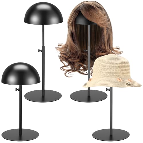 Sintuff 4 Pcs Hat Display Stand:adjustable 7.9-15.7inch Wigs Head Holder Stand Non Slip Stainless Steel Metal Rack for Multiple Hats Wig Storage Styling Practice(Black,Round Base) - color: Black, style: Round Base
