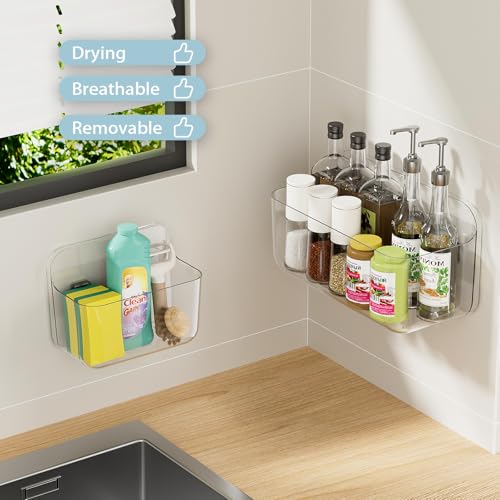 ZEXALOR Wall Mounted Storage Organizer Bins Organizing Shelf Basket Clear Plastic Makeup Organizer Adhesive Hanging Bin Fridge Organizer for Bathroom,Kitchen,Cabinet,Pantry,Countertops (XL+L) - size: Multi-Size Combination Pack