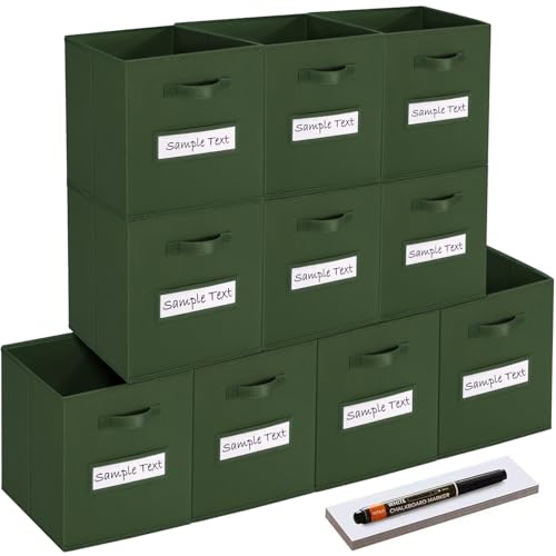 13x13x13 storage cube bins (Set of 10) Fabric storage cubes with 10 Labels Window Cards & a Pen, storage cubes 13x13, Collapsible 13 inch cube storage bins, Cubby Organizer Boxes, Dark Green - color: Dark Green, size: 13"