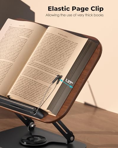 Viozon Book Stand for Reading,Book Holder, Height&Angle Adjustable, 360° Rotating Base, Foldable and Portable, Lightweight for Office, Kitchen, School Textbook, Recipe, Magazine,Kindle,Tablet DW - color: Dark Wood