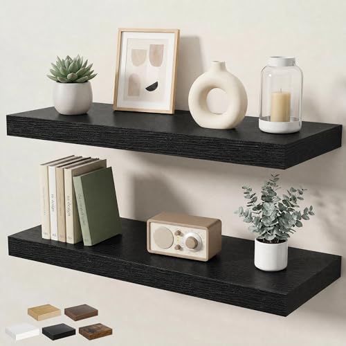 Floating Shelves for Wall 32 in x 9.3 in Deep, Wall Mounted Rustic Wood Shelf with Invisible Brackets for Storage & Display, Living Room Bedroom Bathroom, Black, 2 Pack - color: Black, size: 32 Inch, 2 pack