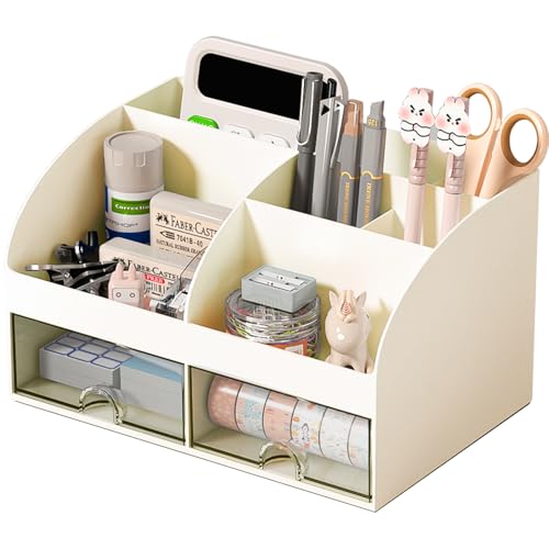 COMFYROOM Desk Organizer with 6 Compartments and 2 Drawers, Plastic Makeup Organizer, Pen Holder for Desktop Storage, Desk Organization for School, Home, Office Supplies (Ivory) - color: Ivory