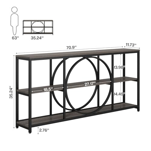 Tribesigns 70.9 inch Sofa Console Table, Extra Long Narrow Entryway Tables with 3 Tier Wood Storage Shelves Metal Frame for Foyer Hallway Living Room Behind Couch, Black Rustic Gray - color: Black Grey
