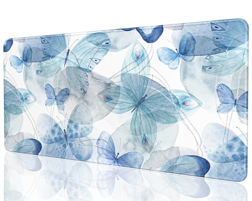 Desk Mat, 32" x 16" XXL Extended Large Gaming Mouse Pad, Desktop Decor Desk Pad, Cute Men Women Office Supplies and Accessories, XL Mouse Mat for Laptop & Keyboard, Blue Butterfly - color: Blue Butterfly, size: 32" x 16"