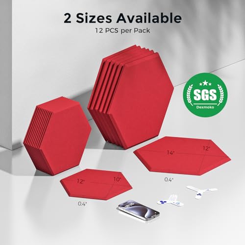 Self-Adhesive Acoustic Panels [390 lbs/yd³ Ultra-High Density], 2nd Generation Sound Absorbing Panel, Professional Level Sound Panel, Polyester Soundproof Foam [Medium Hexagon, Red] - color: Red, size: Medium Hexagon (12''x10''x0.4'')