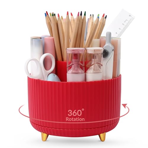 SKYDUE 360 Degree Rotating Desk Organizer, Dual-Purpose Pencil Pen Holder, Pen Organizer with 5 Slots, Pencil Cup for Office, School, Home - color: Red_1Pack