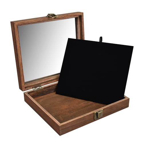 MOOCA Tempered-Glass Top 2 pieces Set Small Wooden Jewelry Display Case with Removable Black Luxurious Velvet Jewelry Display Pad, Deeper 2.2" Design for Collectibles, Brown Color. - color: Brown With Velvet Pad, 2 pieces