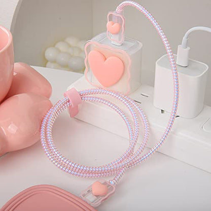 Compatible with iPhone 18W/20W USB-C Charger Cover Lovely 3D Love Heart Waves Clear Soft Charger Protector Cute Cable Saver for iPhone 11 12 13 14 Pro Max Fast Power Adapter, Pink 1 (5in1) - color: Pink 1 (5 in 1)