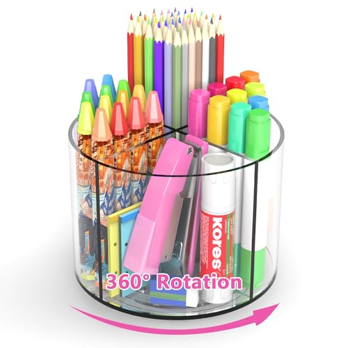 Wawocs Small Pencil Organizer for Desk Acrylic 4 Compartments, Tiny Rotating Art Supply Organizer Kids, Spinning Round Marker Small Clear Desktop Caddy Swivel Office Pen Pencil Holder - size: Medium no handle