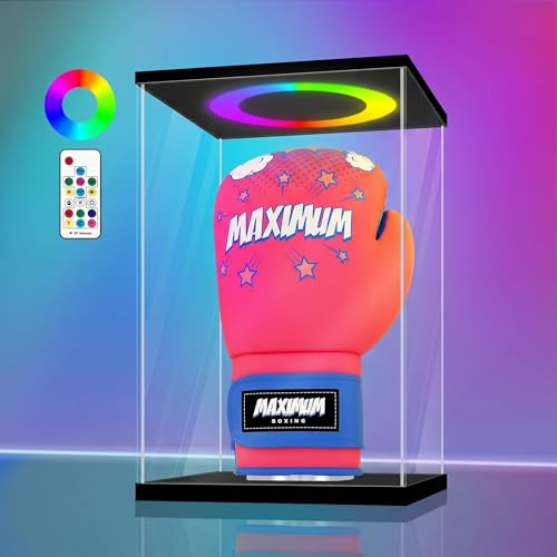 LANSCOERY Acrylic Display Case 8.7x7.1x13 in, 10mm Base, RGB Ring Light, 3mm Clear Panels, Front Door for Action Figures and Models - size: 8.7x7.1x13inch; 22x18x33cm