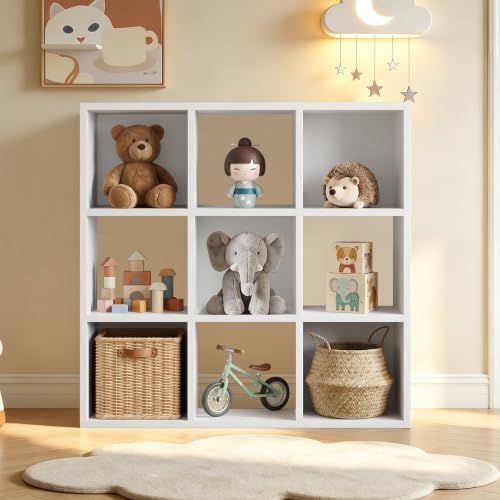 LUCKLIFE 9-Cube Storage Organizer, Stackable Modular Bookcase Shelf with Vertical or Horizontal Use, Fits 11×11" Bins, Optional Back Panels, for Living Room, Office, White - color: 9 Cube - White