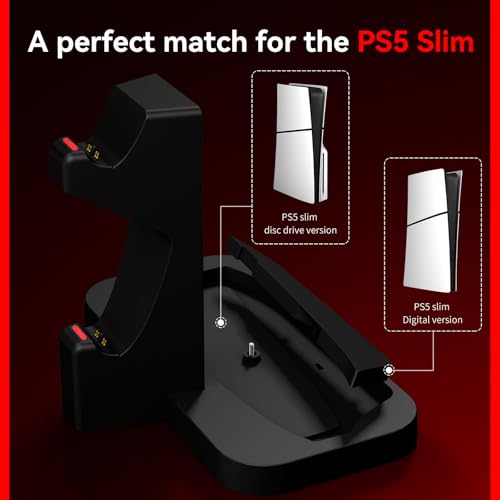 NBCP PS5 Slim Vertical Stand with Dual Controller Charger and LED Indicators for PlayStation 5 Slim Disc & Digital Editions, Includes Headset Holder, Storage Accessory Stand for PS5 Slim, Black - color: Black