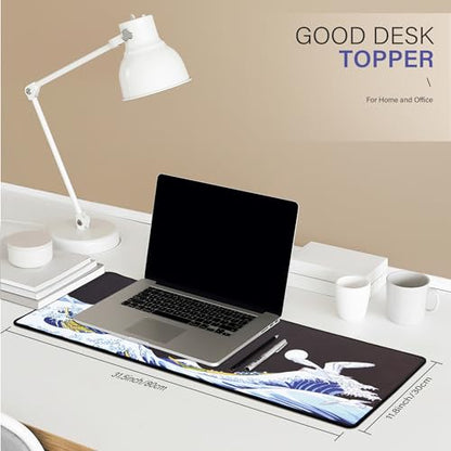 XVX Japanese Sea Wave Large Mouse Pad for Desk, Desk Mat with Seamed Edges, Waterproof Desk Pad, Gaming Mouse Pad Non-Slip Rubber Base, 31.5x11.8 Inch 3mm Thick Keyboard Pad Computer Mat, Kanagawa - color: Kanagawa
