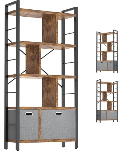 Armocity Bookshelf with Drawers - 5 Tier Tall Bookcase Geometric Modern Book Shelf Display Standing Bookshelves with Storage for Living Room, Bedroom Home Office, Rustic Brown - color: Rustic Brown